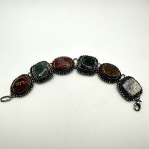 8.5" Vintage silver tone heavy bracelet with multi-colored agates!